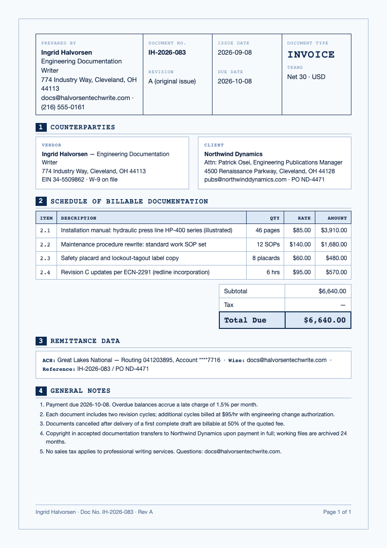 Blueprint technical freelance writer invoice